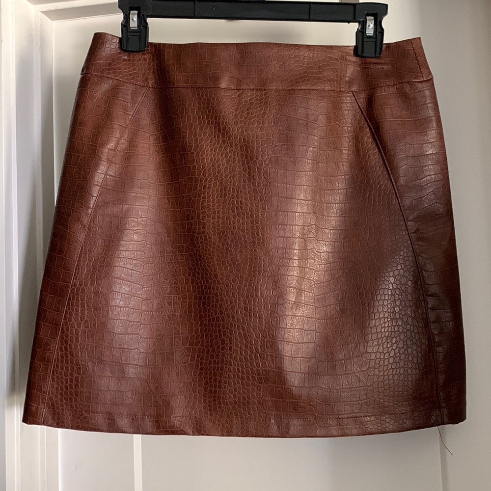 Brown Croc Skin Faux Leather Mini Skirt